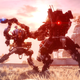 Two giant robots fighting at sunset in Titanfall 2.